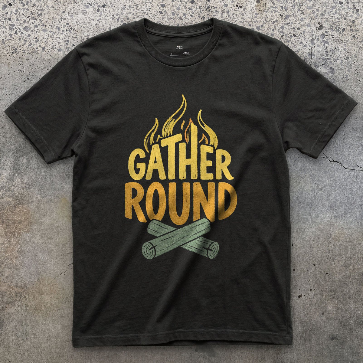 Gather Round the Camp Fire design on a Black Gildan Softstyle t-shirt