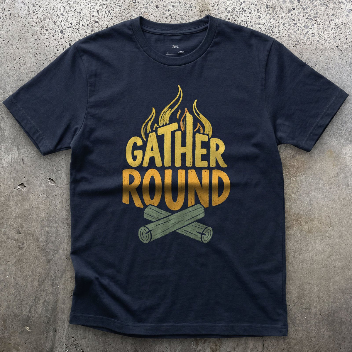 Gather Round the Camp Fire design on a Navy Gildan Softstyle t-shirt