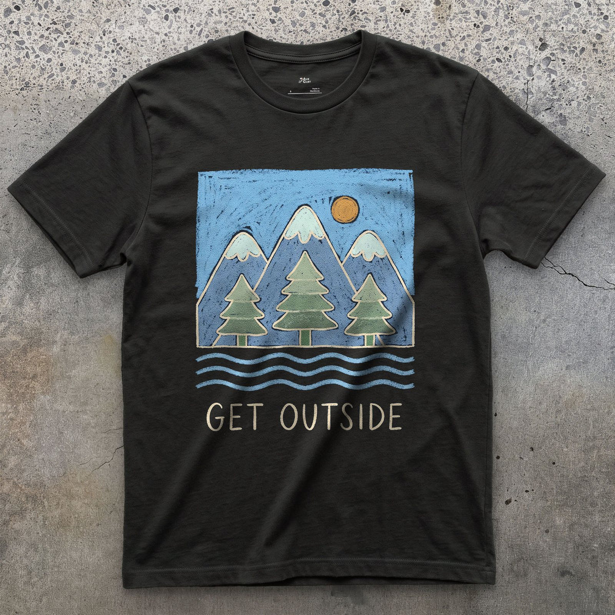 Get Outside, Pines and Moving Water design on a Black Gildan Softstyle t-shirt