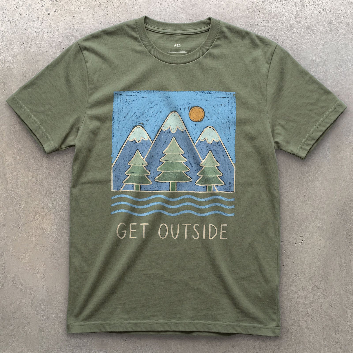 Get Outside, Pines and Moving Water design on a Military Green Gildan Softstyle t-shirt