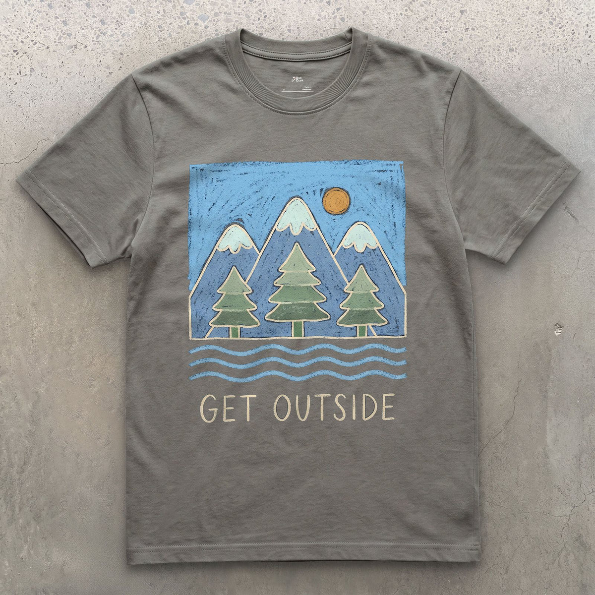 Get Outside, Pines and Moving Water design on a Charcoal Gildan Softstyle t-shirt