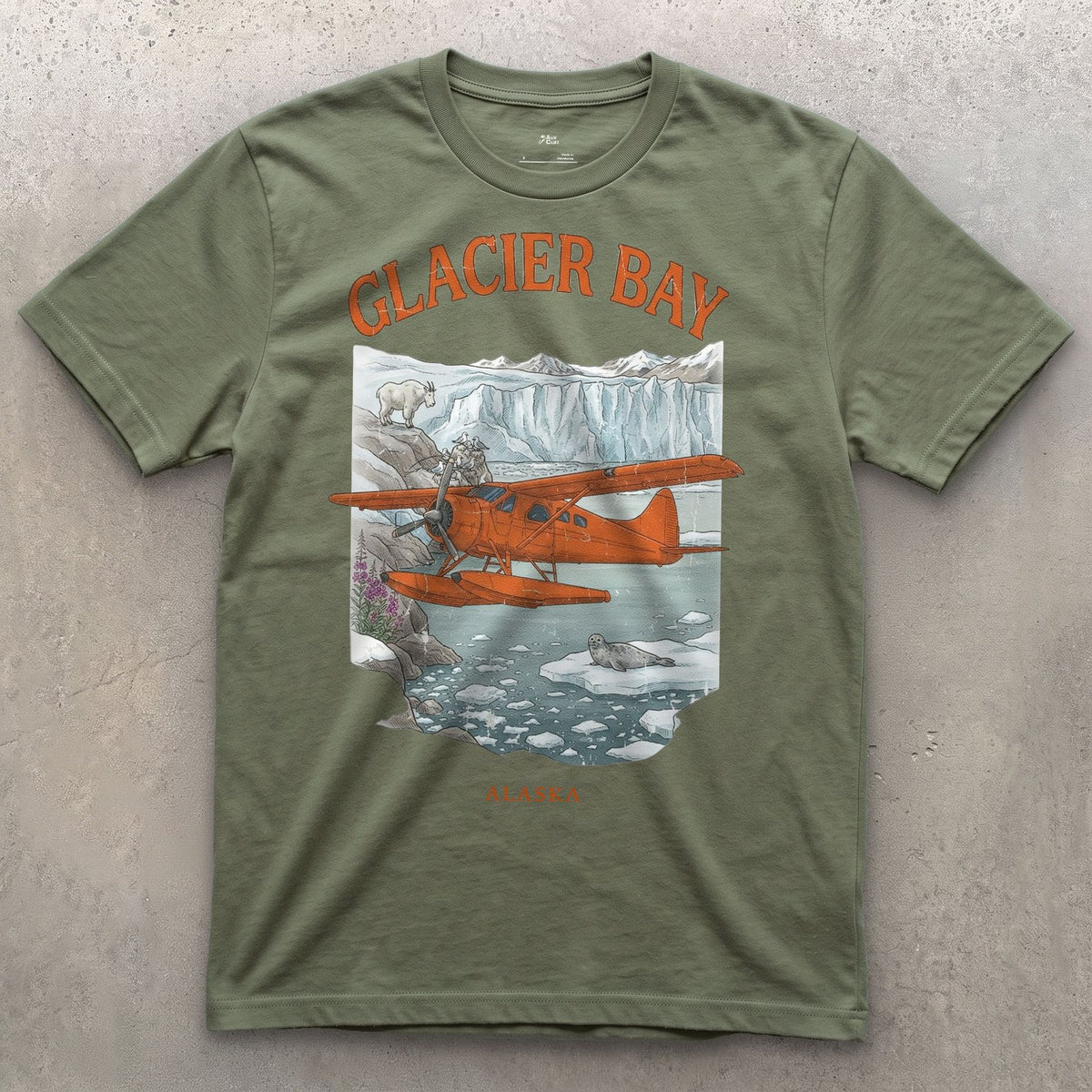 Glacier Bay Bush Plane design on a Military Green Gildan Softstyle t-shirt
