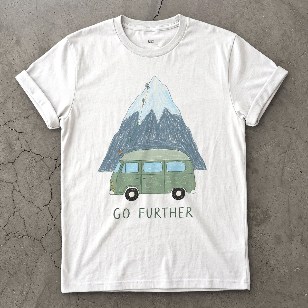 Go Further, Roped Up in the Green Van design on a White Gildan Softstyle t-shirt