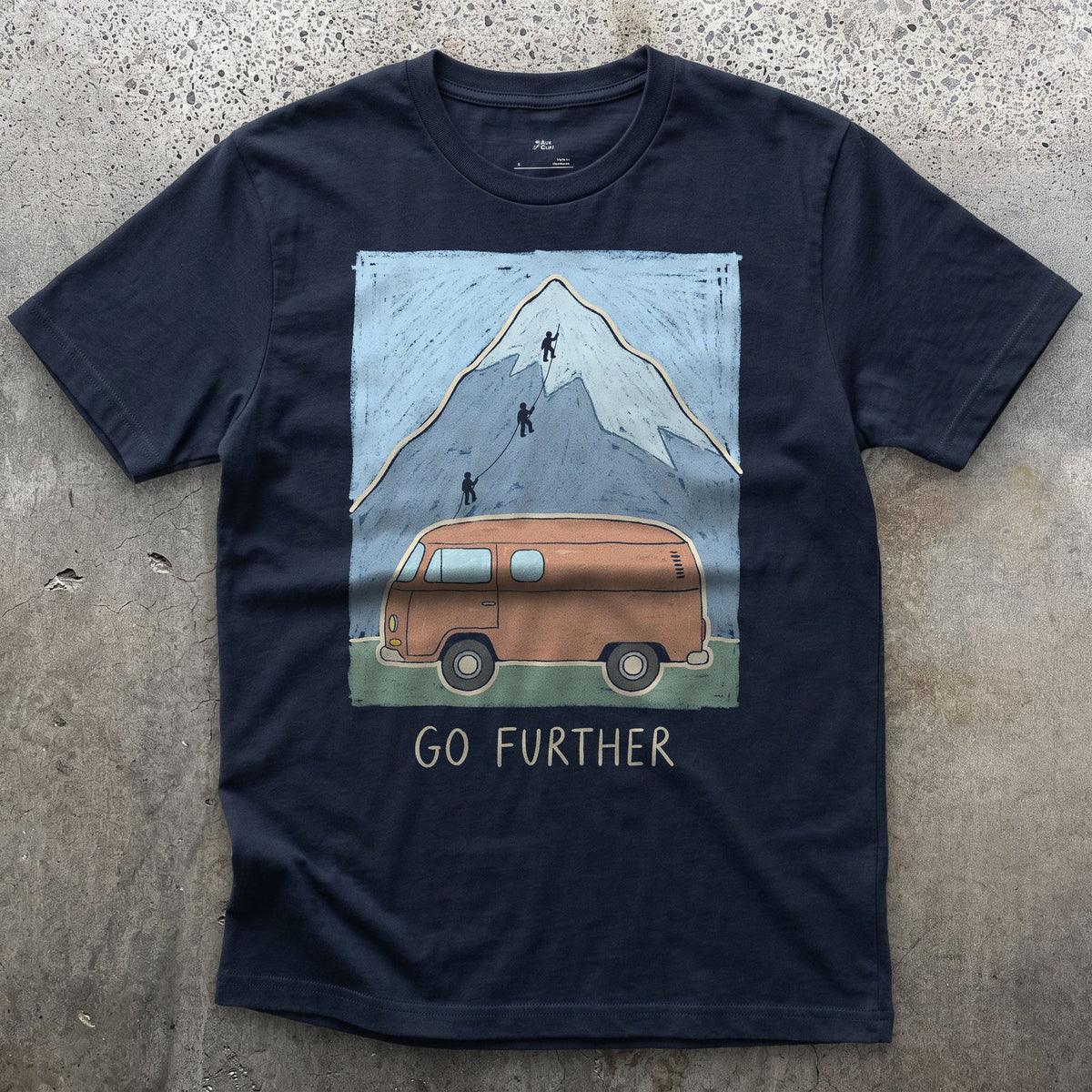 Go Further, Roped Up in the Orange Van design on a Navy Gildan Softstyle t-shirt