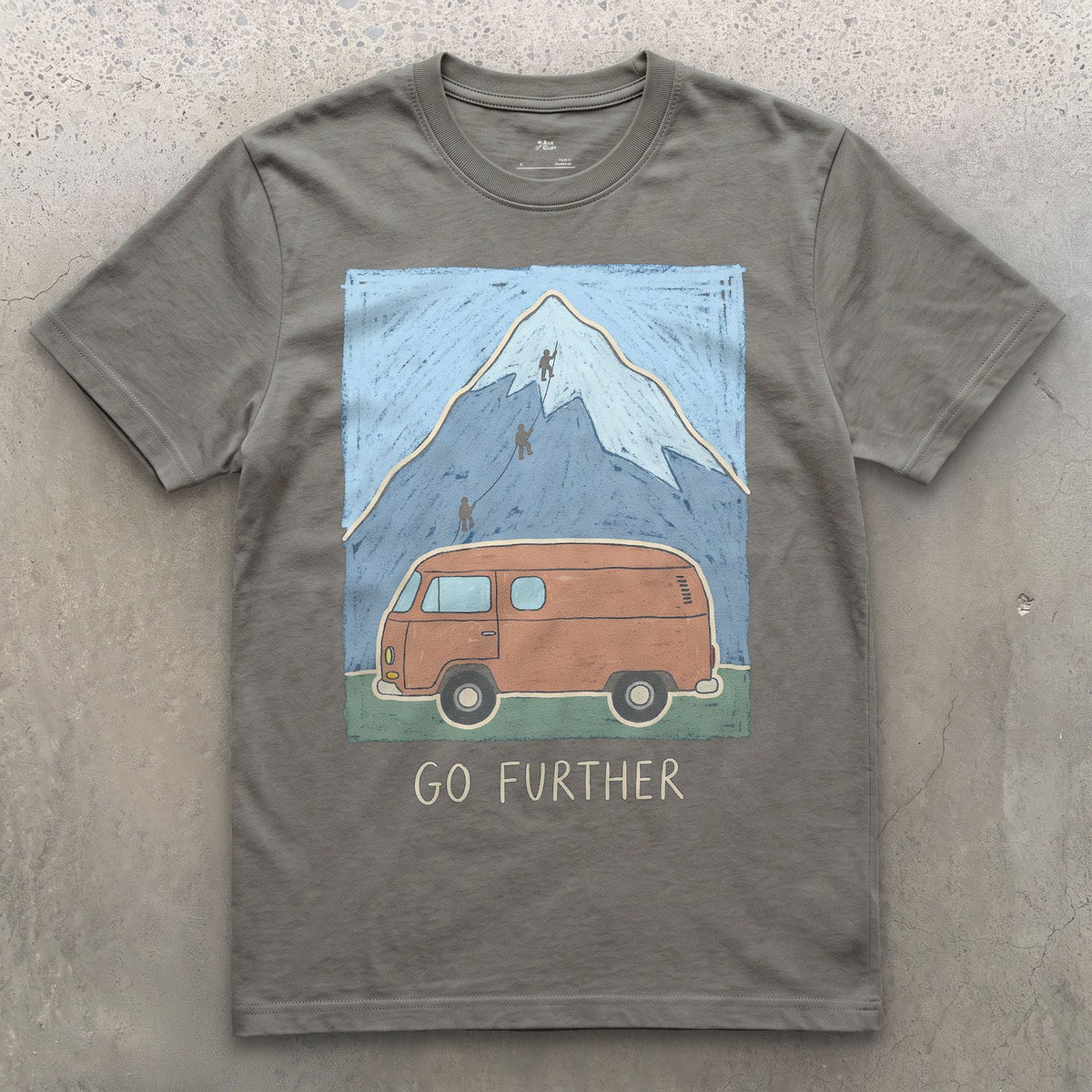 Go Further, Roped Up in the Orange Van design on a Charcoal Gildan Softstyle t-shirt