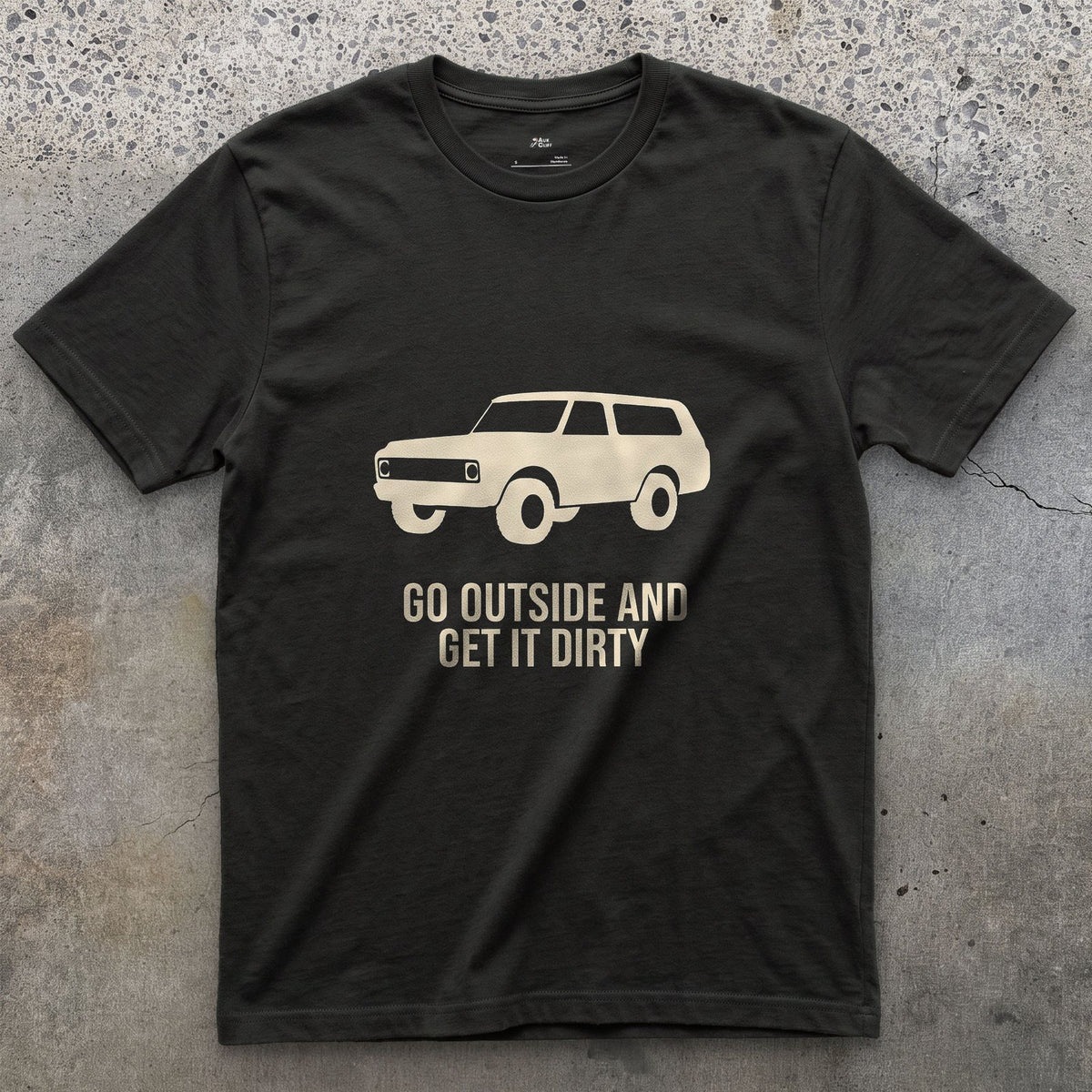 Go Outside and Get It Dirty, Boxy Wagon design on a Black Gildan Softstyle t-shirt