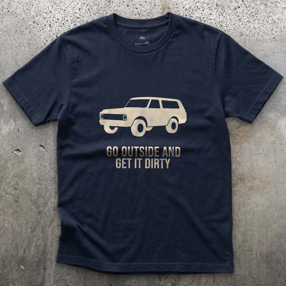Go Outside and Get It Dirty, Boxy Wagon design on a Navy Gildan Softstyle t-shirt