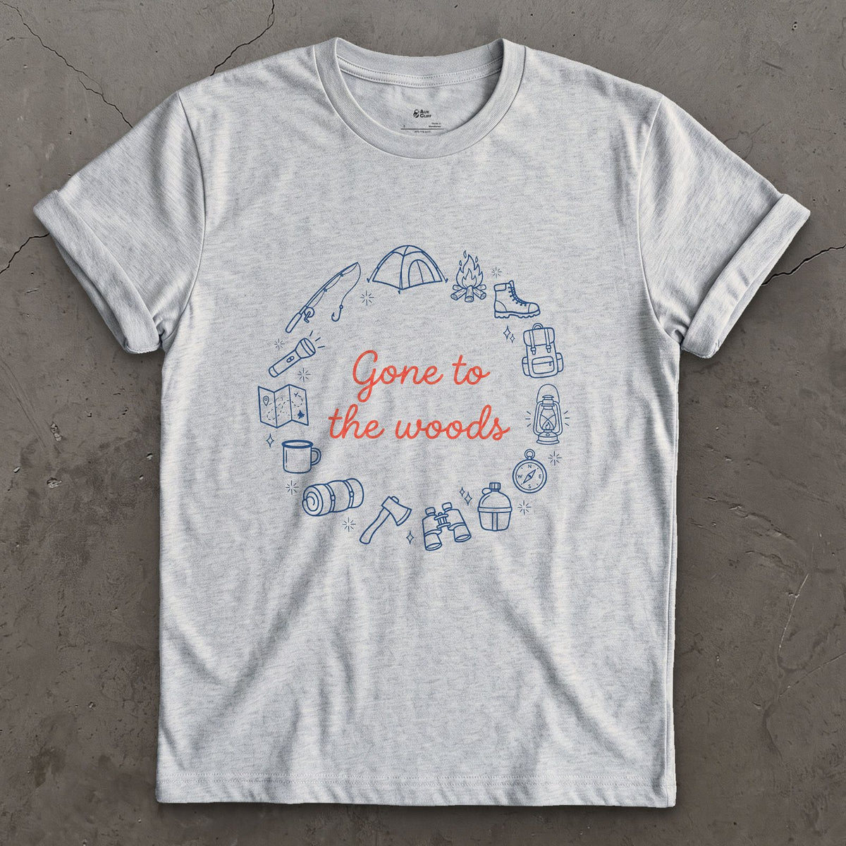 Gone to the Woods, Camp Ring design on a Sport Grey Gildan Softstyle t-shirt