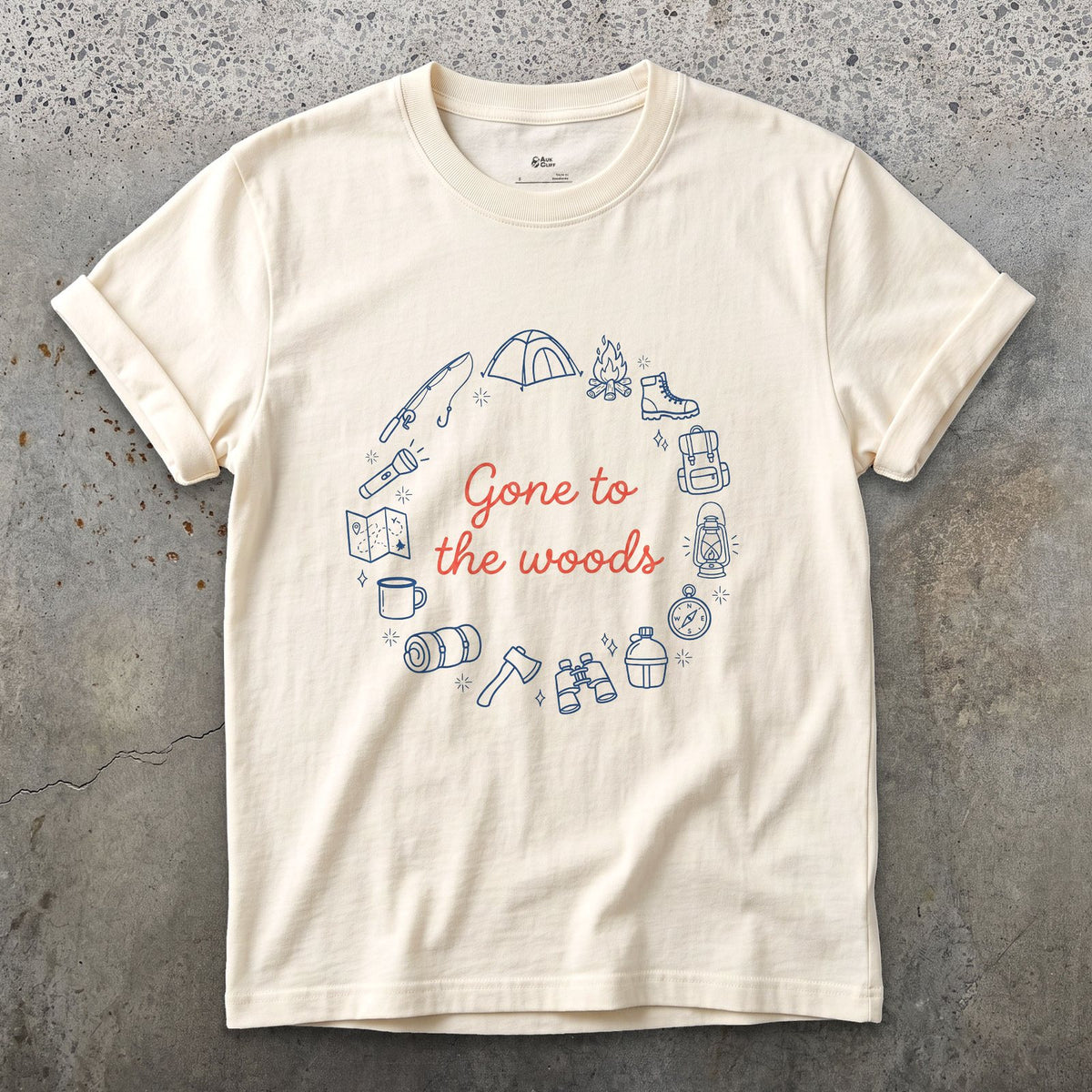 Gone to the Woods, Camp Ring design on a Natural Gildan Softstyle t-shirt