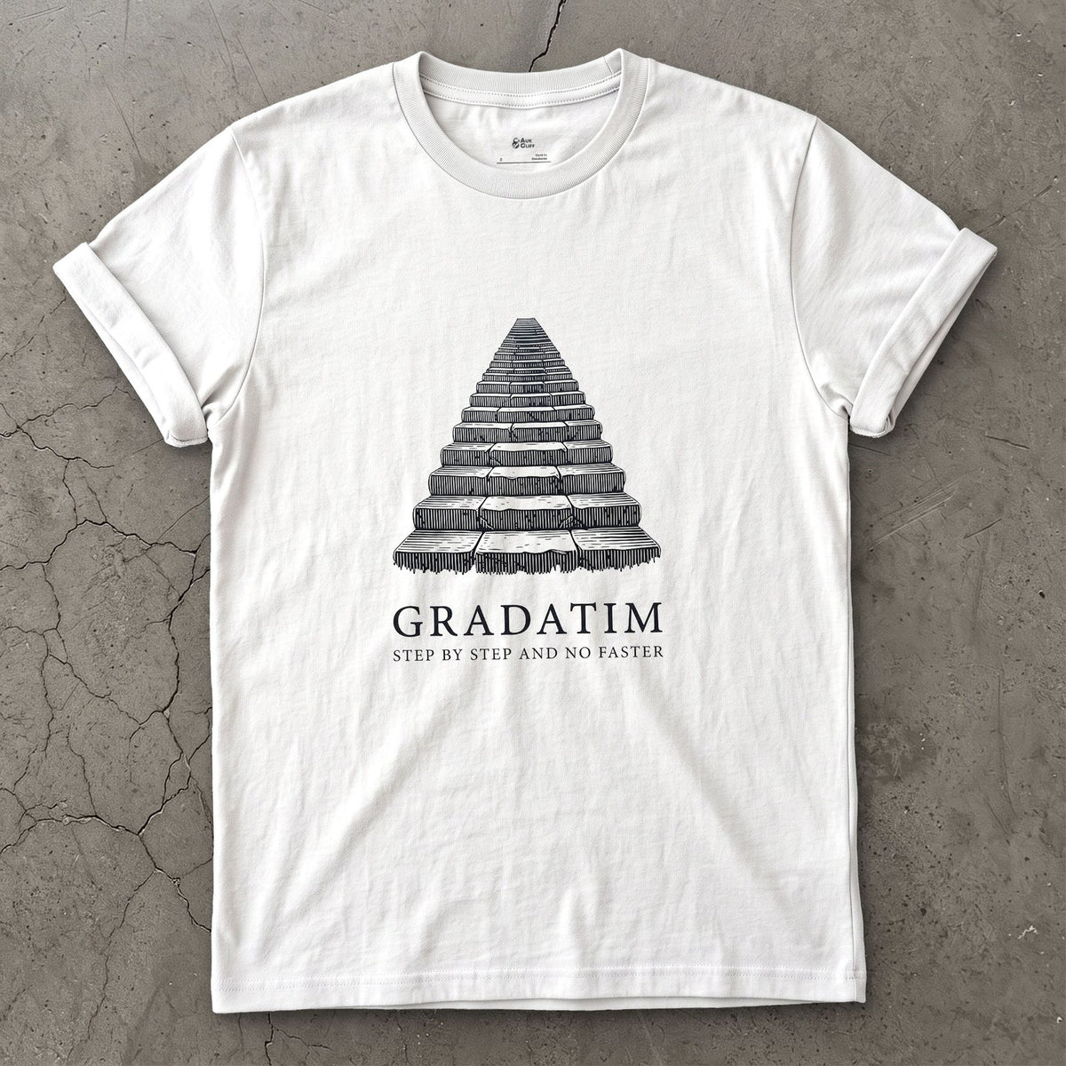Gradatim, Step by Step and No Faster design on a White Gildan Softstyle t-shirt