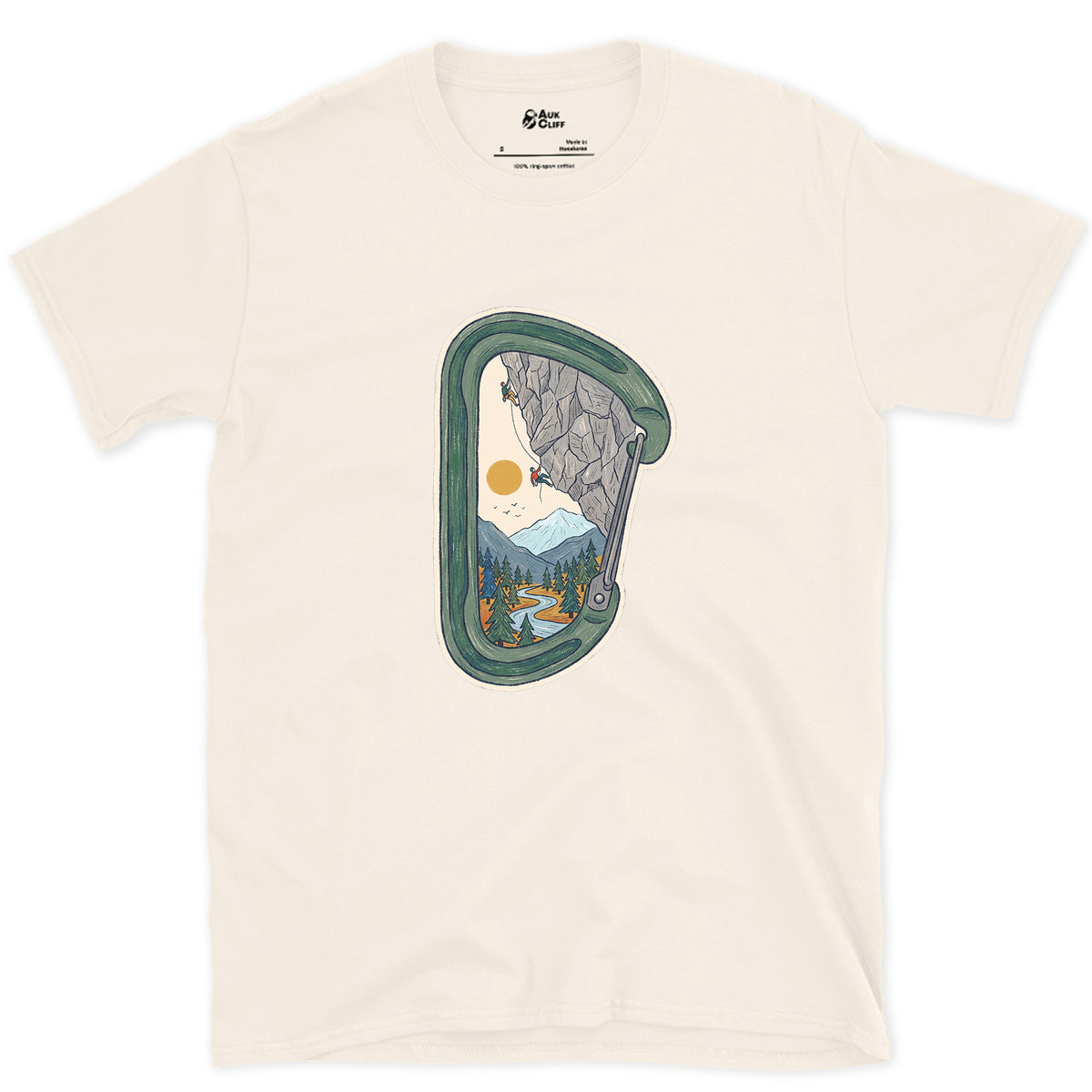 Granite Wall Through a Carabiner design on a Natural Gildan Softstyle t-shirt