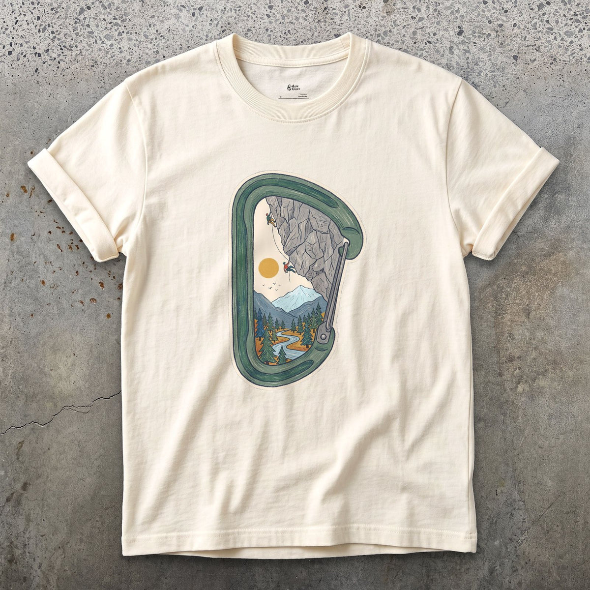 Granite Wall Through a Carabiner design on a Natural Gildan Softstyle t-shirt