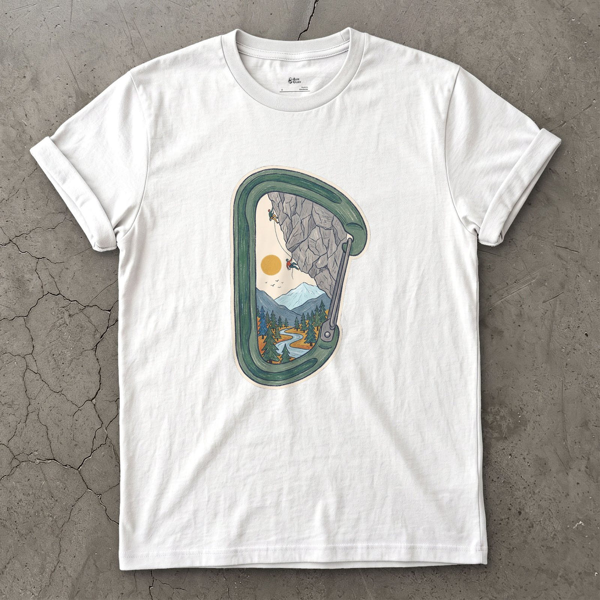 Granite Wall Through a Carabiner design on a White Gildan Softstyle t-shirt