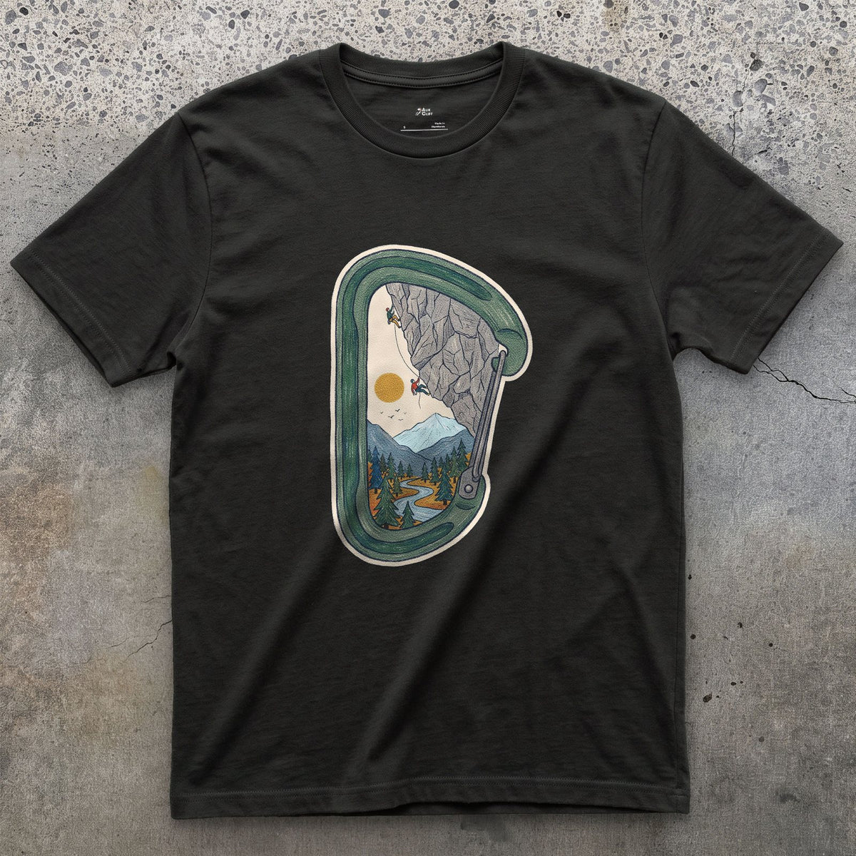 Granite Wall Through a Carabiner design on a Black Gildan Softstyle t-shirt