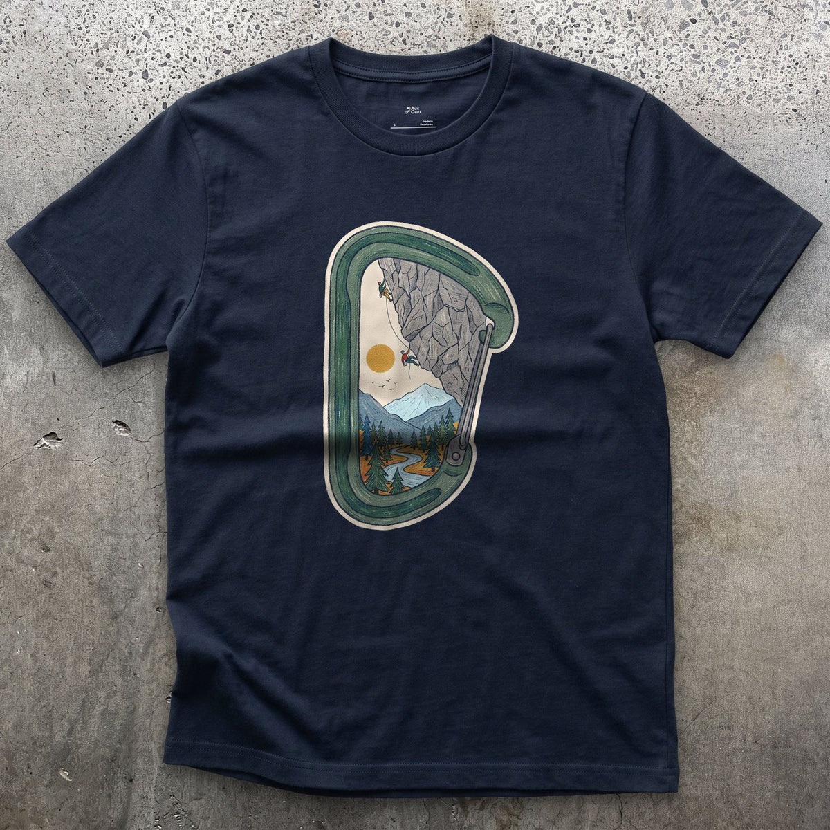 Granite Wall Through a Carabiner design on a Navy Gildan Softstyle t-shirt