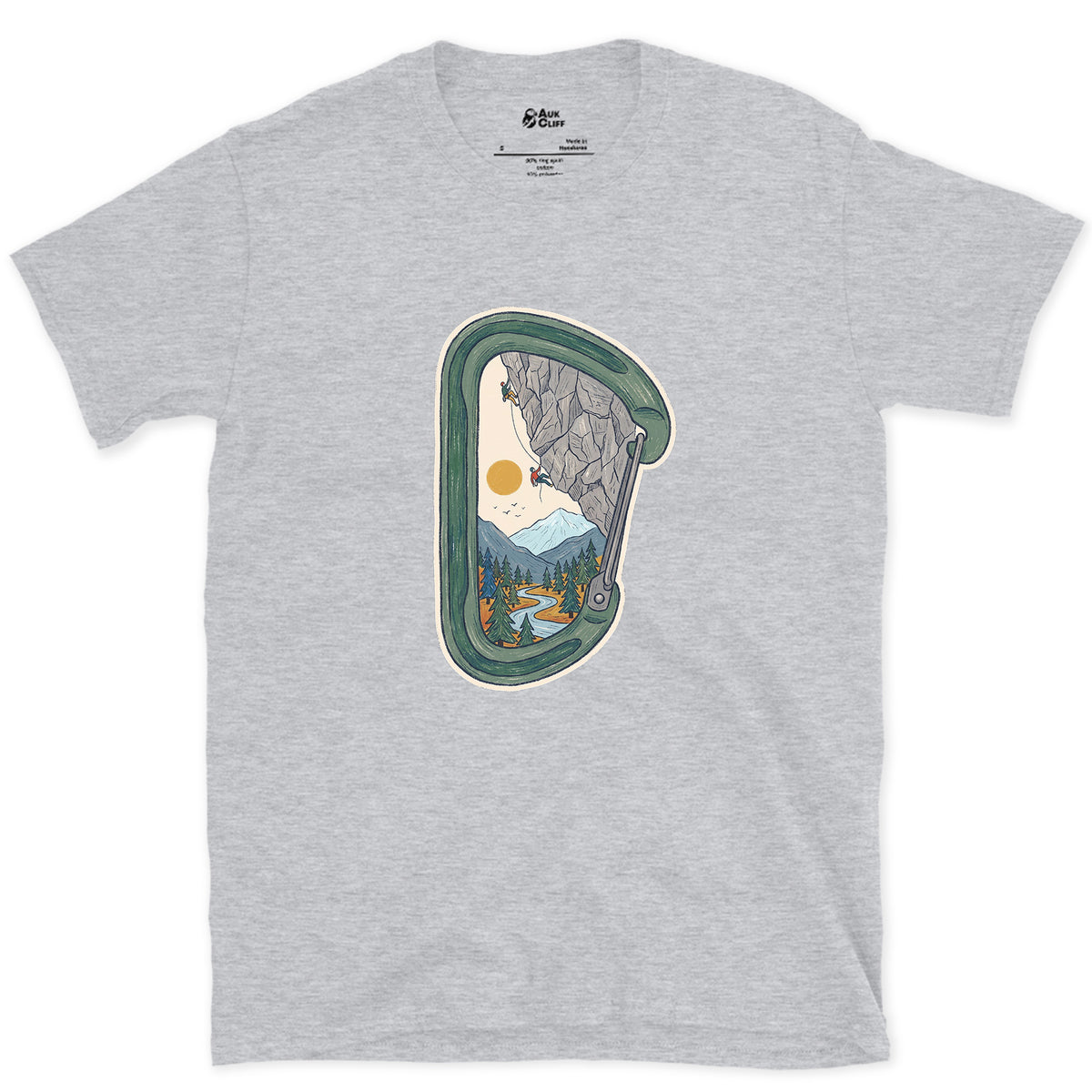 Granite Wall Through a Carabiner design on a Sport Grey Gildan Softstyle t-shirt