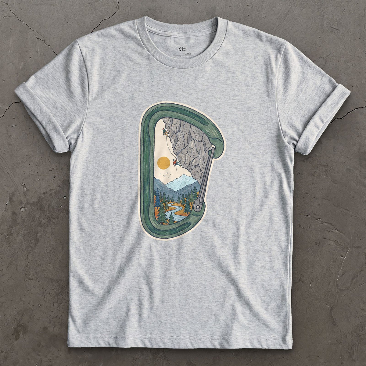 Granite Wall Through a Carabiner design on a Sport Grey Gildan Softstyle t-shirt