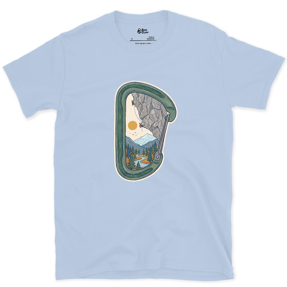 Granite Wall Through a Carabiner design on a Light Blue Gildan Softstyle t-shirt