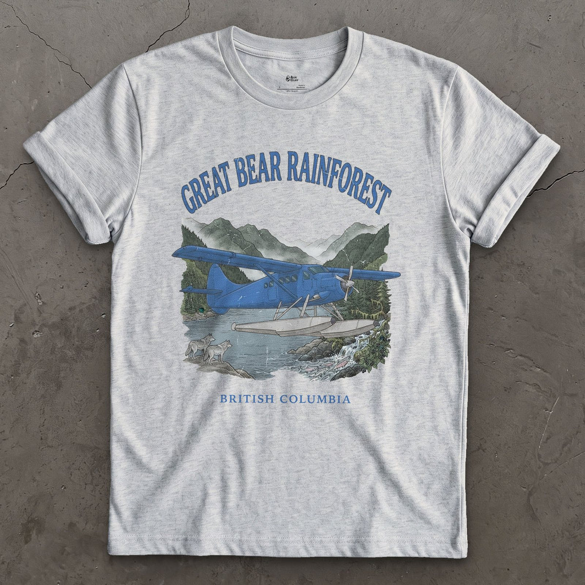 Great Bear Rainforest Bush Plane design on a Sport Grey Gildan Softstyle t-shirt
