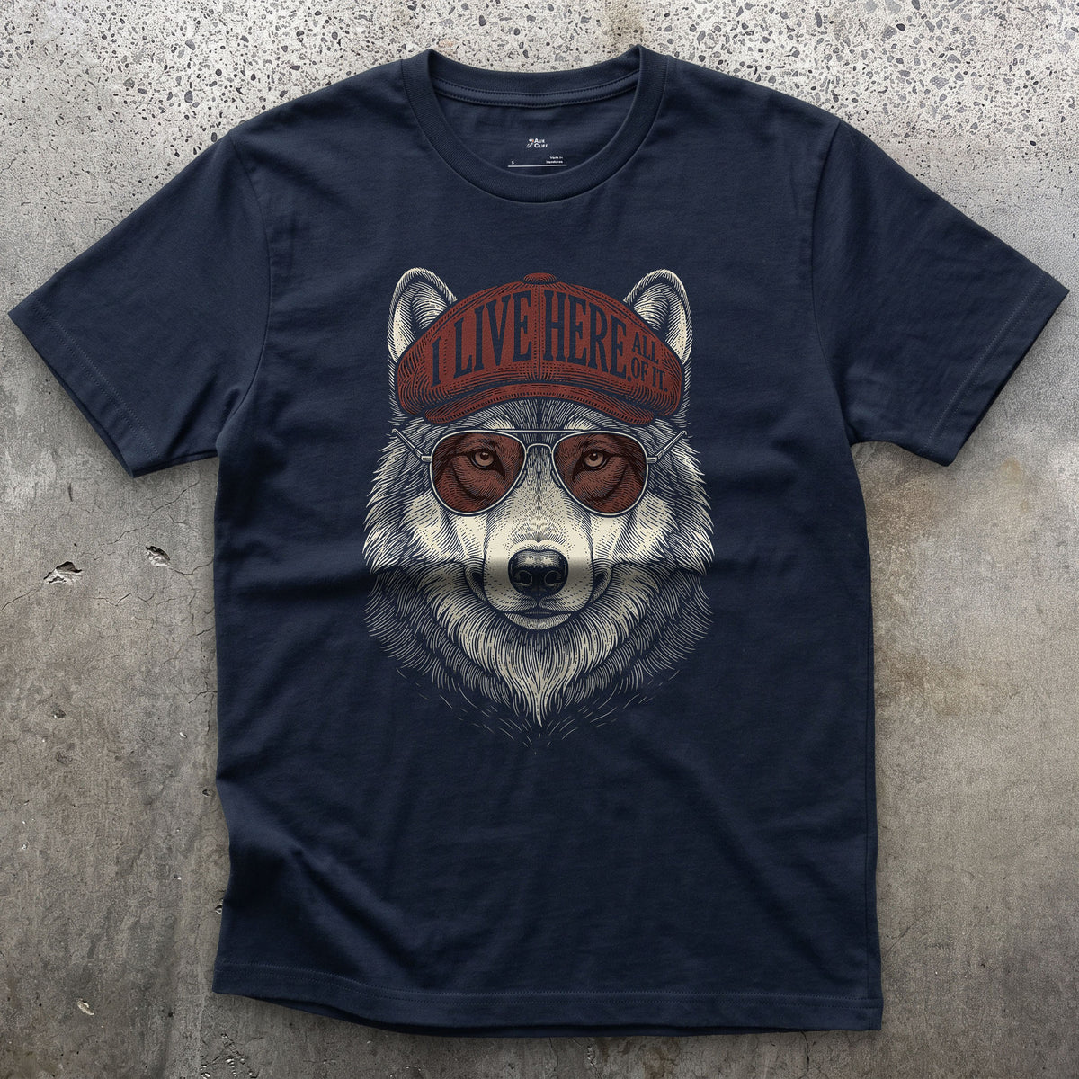 I Live Here, All of It, Wolf by the Road design on a Navy Gildan Softstyle t-shirt