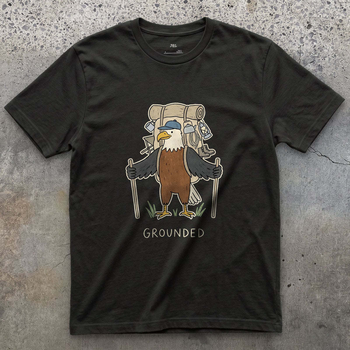 Too Heavy to Fly, Bald Eagle Hiker design on a Black Gildan Softstyle t-shirt