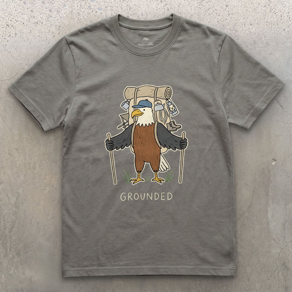 Too Heavy to Fly, Bald Eagle Hiker design on a Charcoal Gildan Softstyle t-shirt