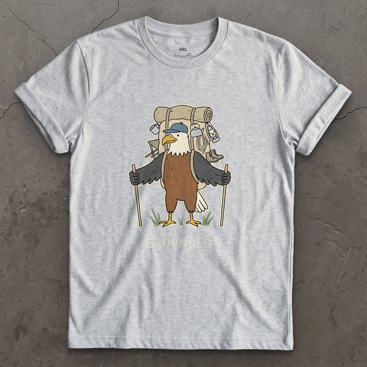 Too Heavy to Fly, Bald Eagle Hiker design on a Sport Grey Gildan Softstyle t-shirt