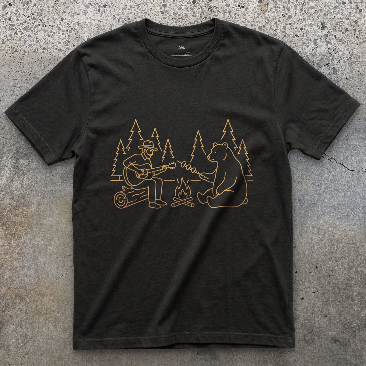 Sharing the Fire With a Bear design on a Black Gildan Softstyle t-shirt