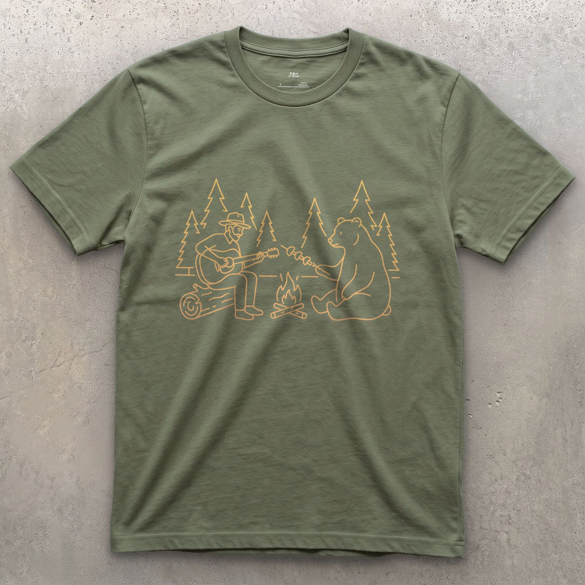 Sharing the Fire With a Bear design on a Military Green Gildan Softstyle t-shirt