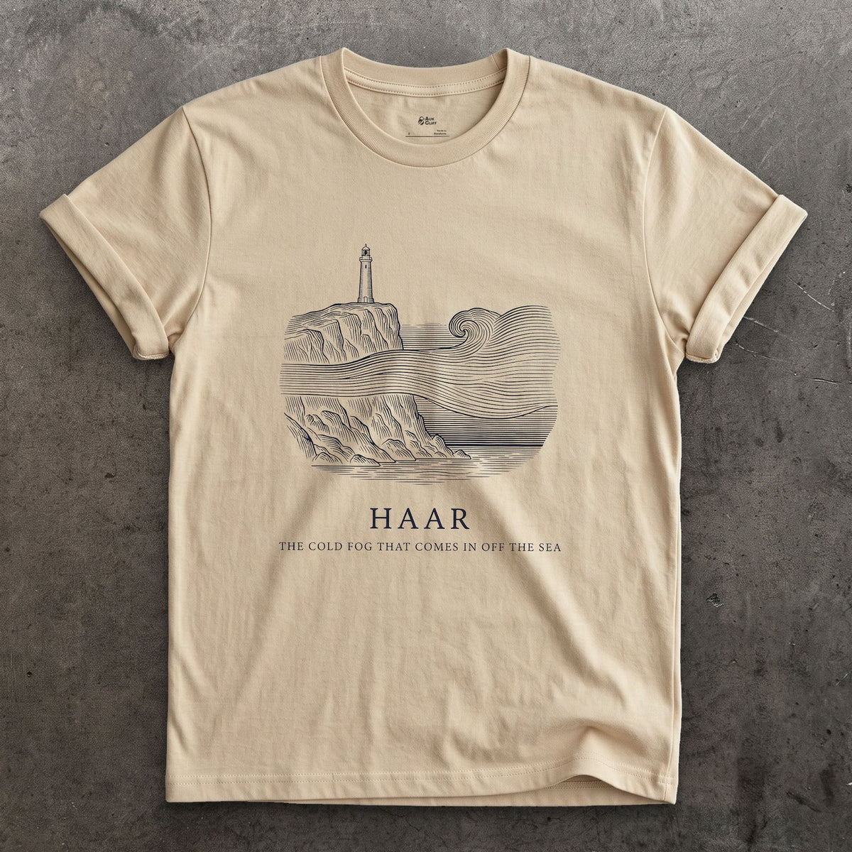 Haar, the Cold Fog That Comes in Off the Sea design on a Sand Gildan Softstyle t-shirt