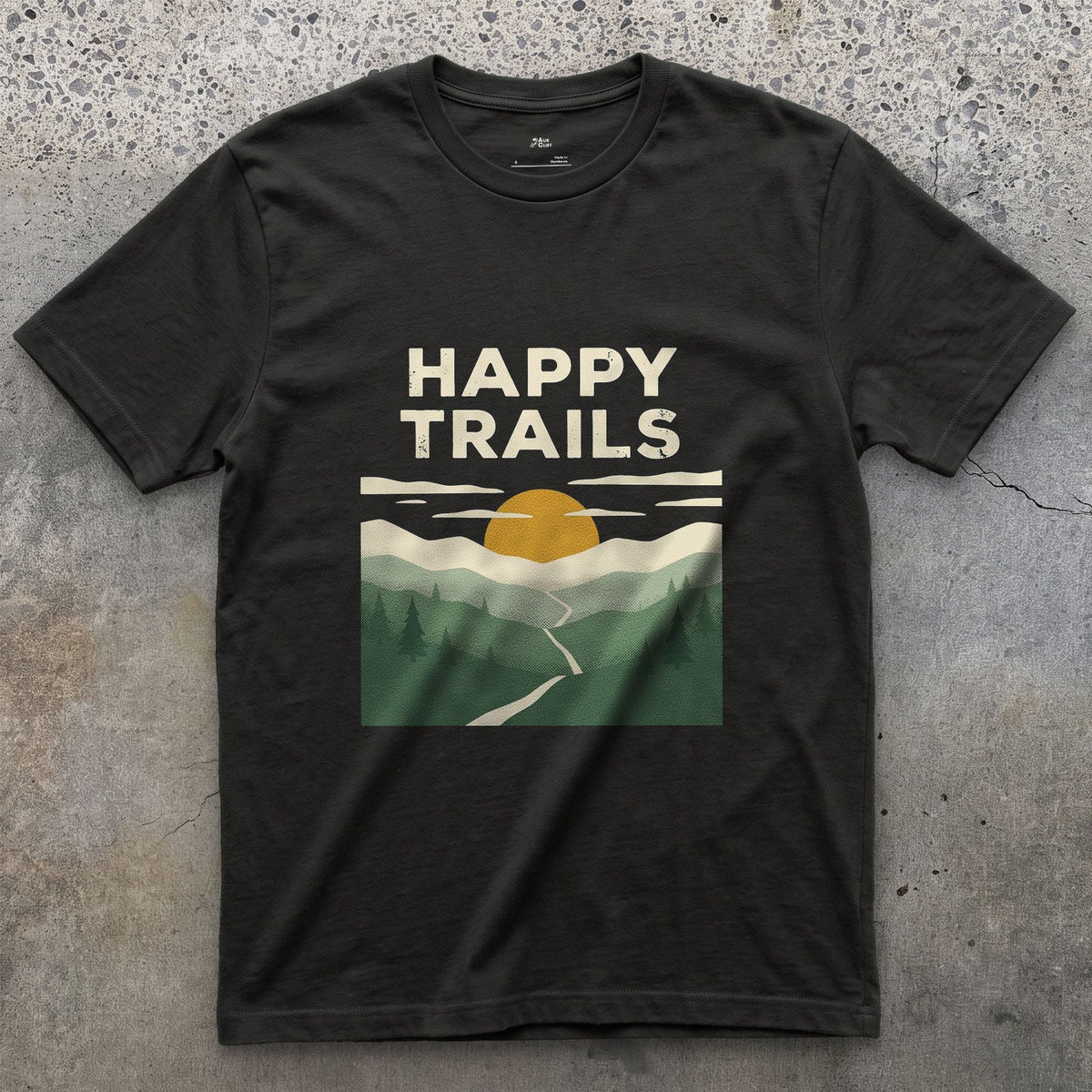 Happy Trails, Sunrise Ridge design on a Black Gildan Softstyle t-shirt