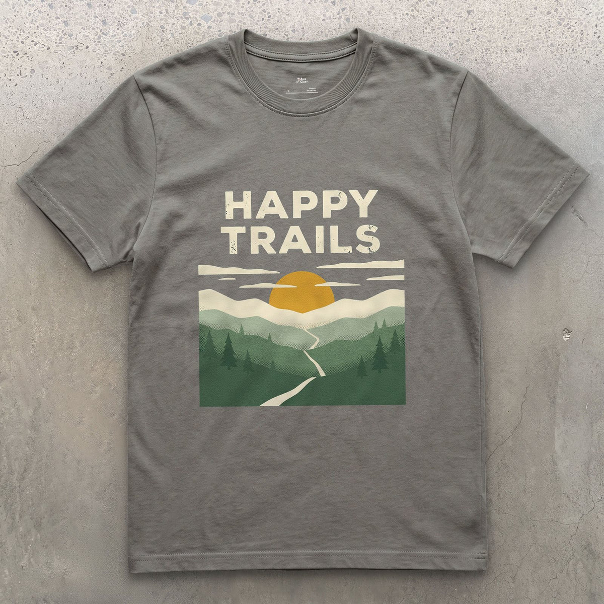 Happy Trails, Sunrise Ridge design on a Charcoal Gildan Softstyle t-shirt