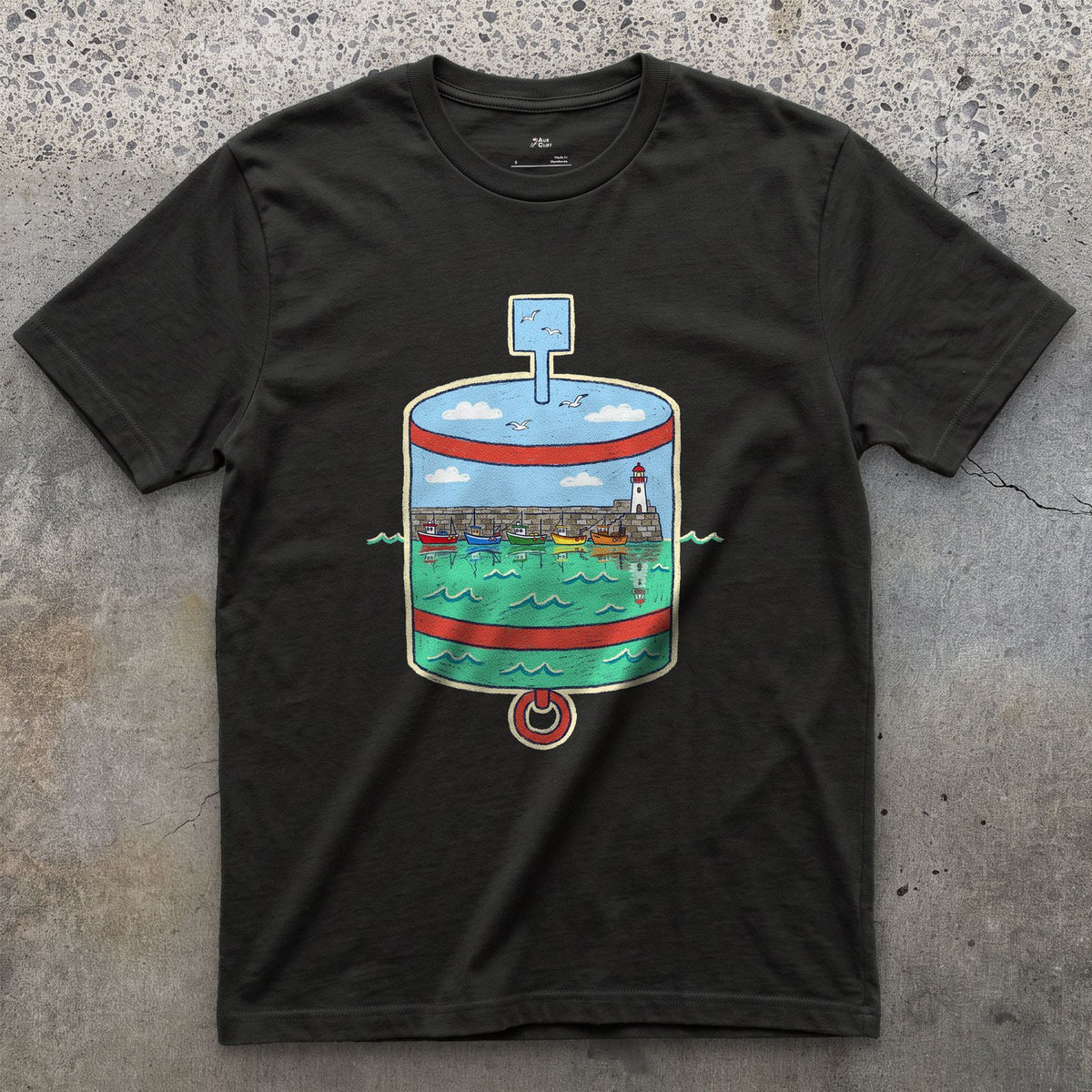 Harbour Mouth, Port Hand Buoy design on a Black Gildan Softstyle t-shirt