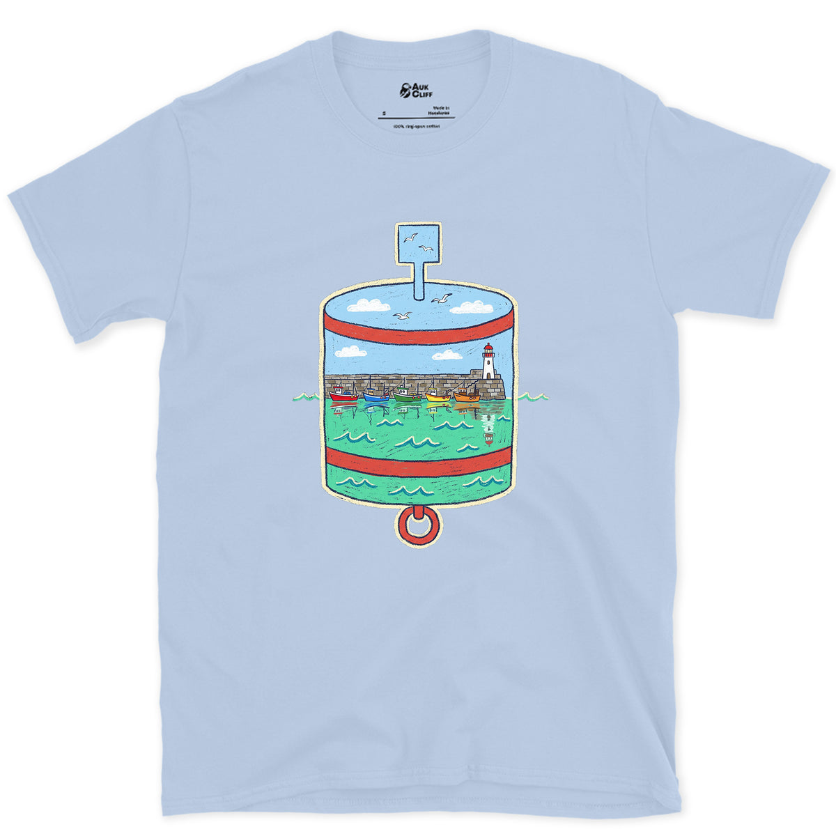 Harbour Mouth, Port Hand Buoy design on a Light Blue Gildan Softstyle t-shirt