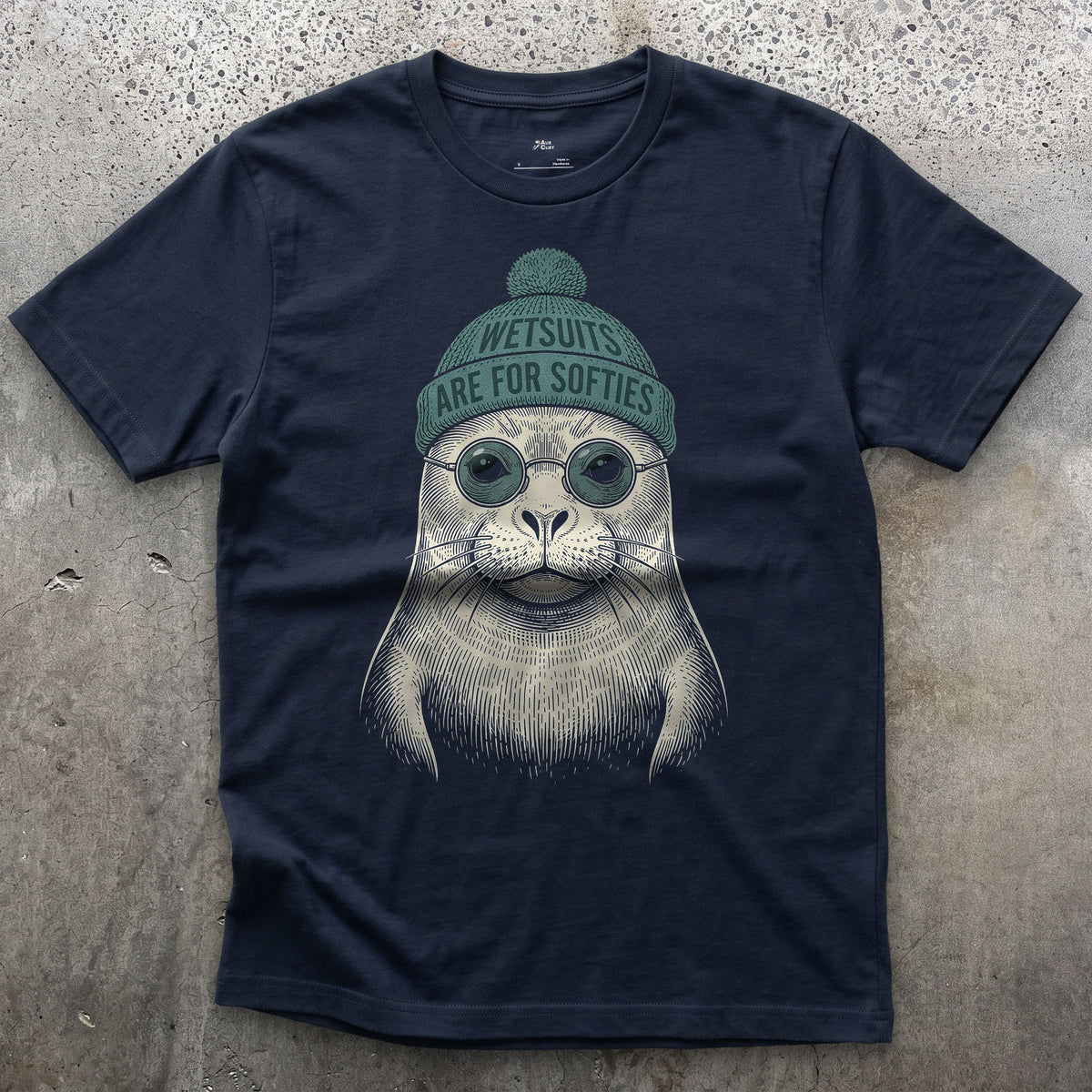Wetsuits Are for Softies, Harbour Seal design on a Navy Gildan Softstyle t-shirt