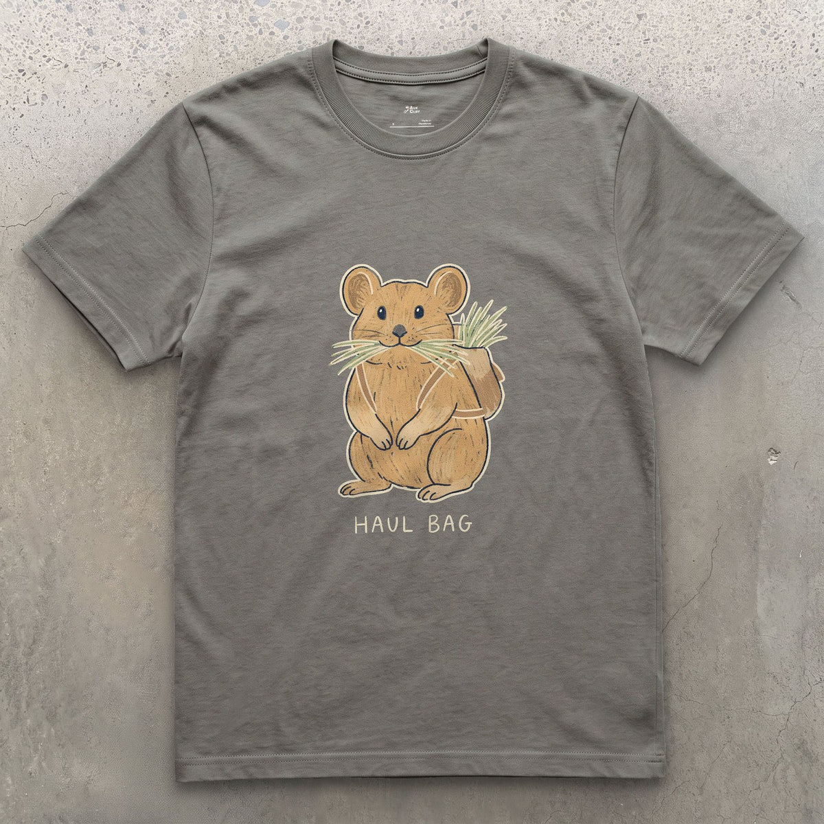 Big Wall Haul Bag, Pika Hauling Hay design on a Charcoal Gildan Softstyle t-shirt