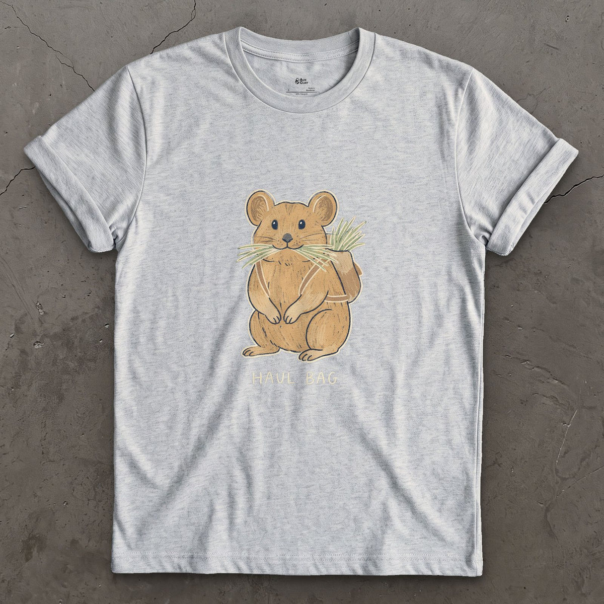 Big Wall Haul Bag, Pika Hauling Hay design on a Sport Grey Gildan Softstyle t-shirt