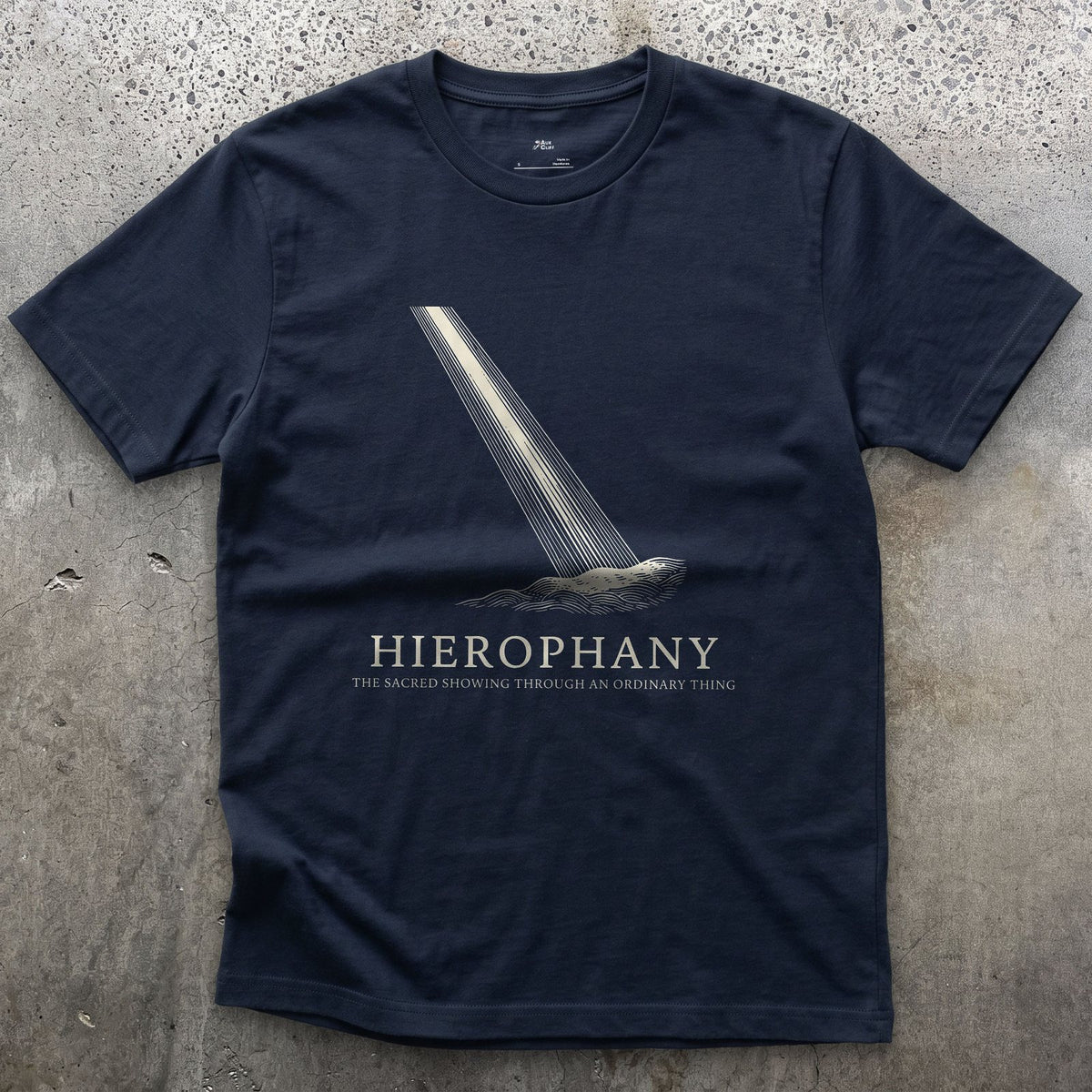 Hierophany, the Sacred Showing Through an Ordinary Thing design on a Navy Gildan Softstyle t-shirt