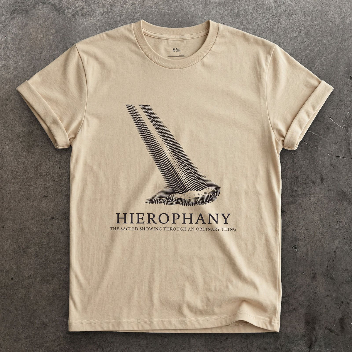 Hierophany, the Sacred Showing Through an Ordinary Thing design on a Sand Gildan Softstyle t-shirt