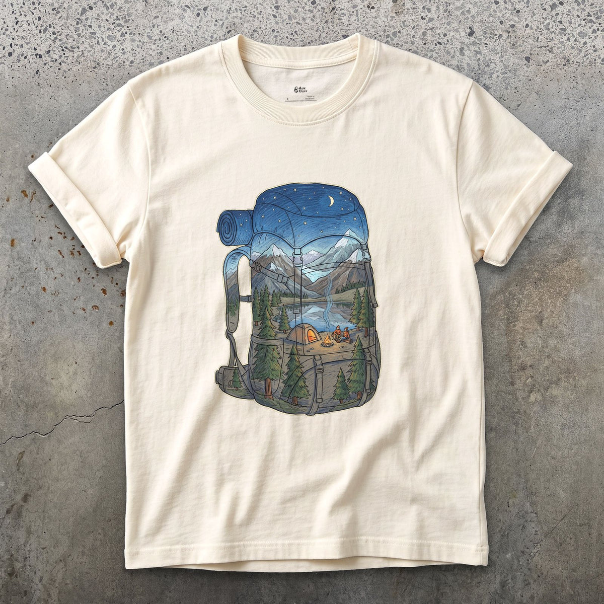 High Camp in the Evening, Rucksack design on a Natural Gildan Softstyle t-shirt
