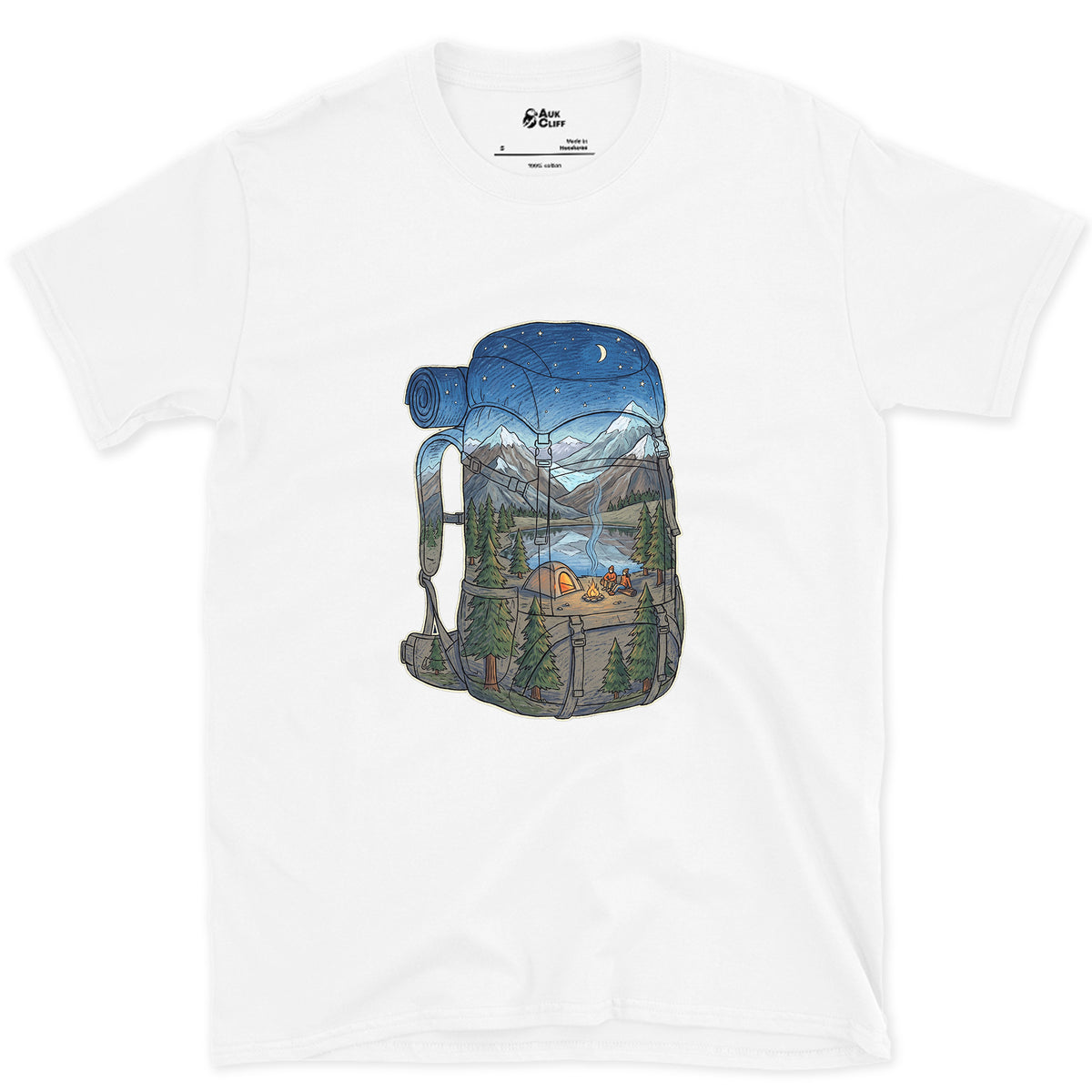 High Camp in the Evening, Rucksack design on a White Gildan Softstyle t-shirt