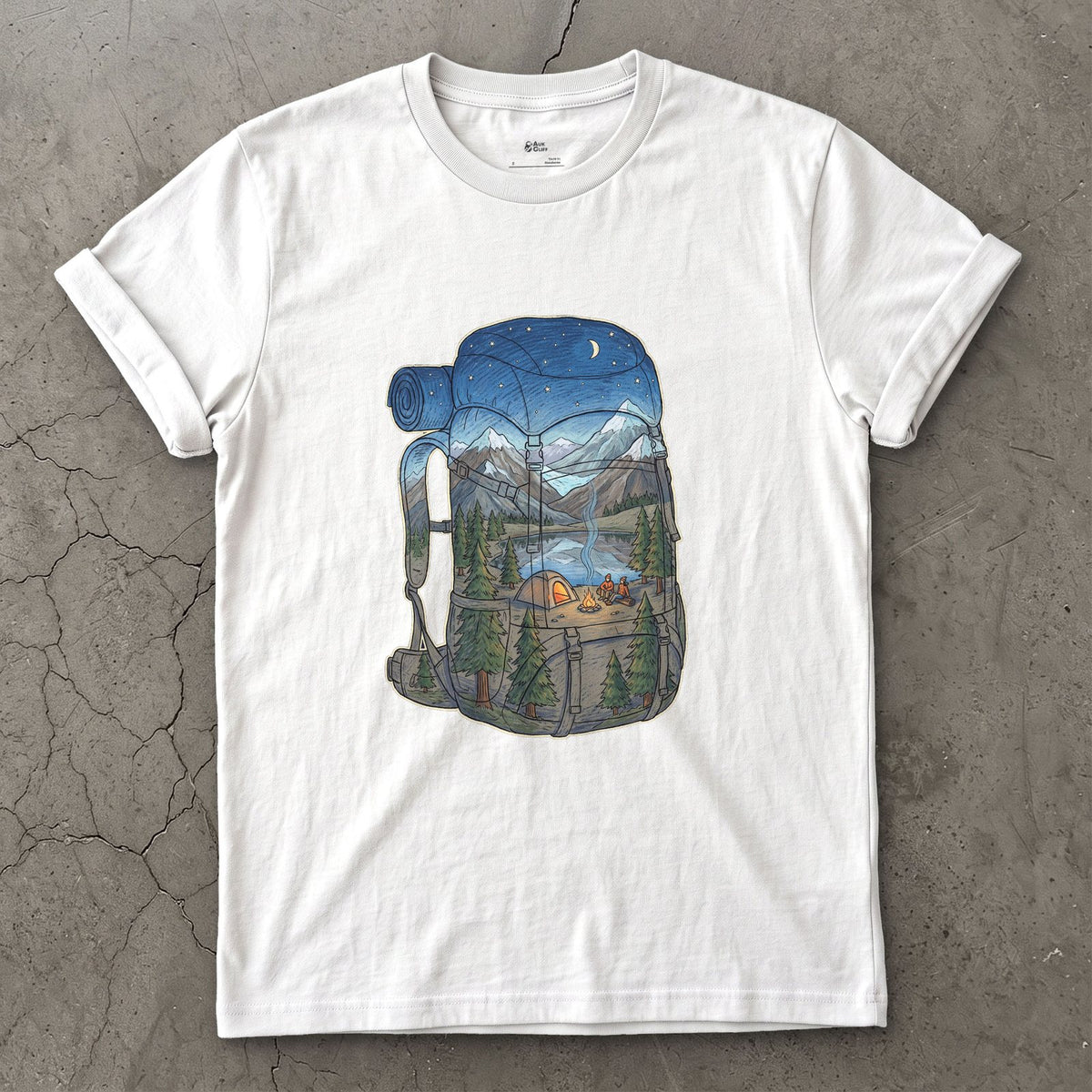High Camp in the Evening, Rucksack design on a White Gildan Softstyle t-shirt