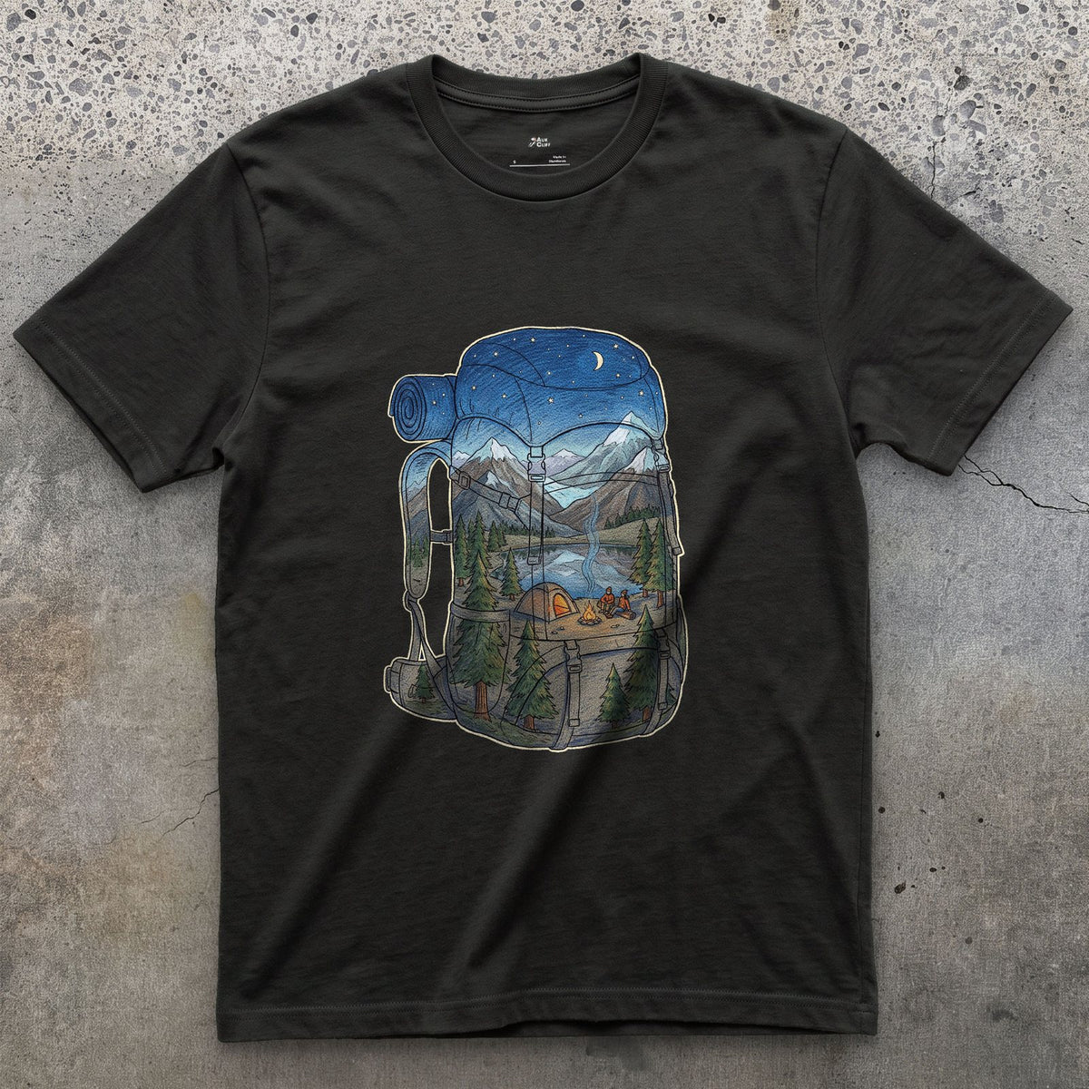 High Camp in the Evening, Rucksack design on a Black Gildan Softstyle t-shirt