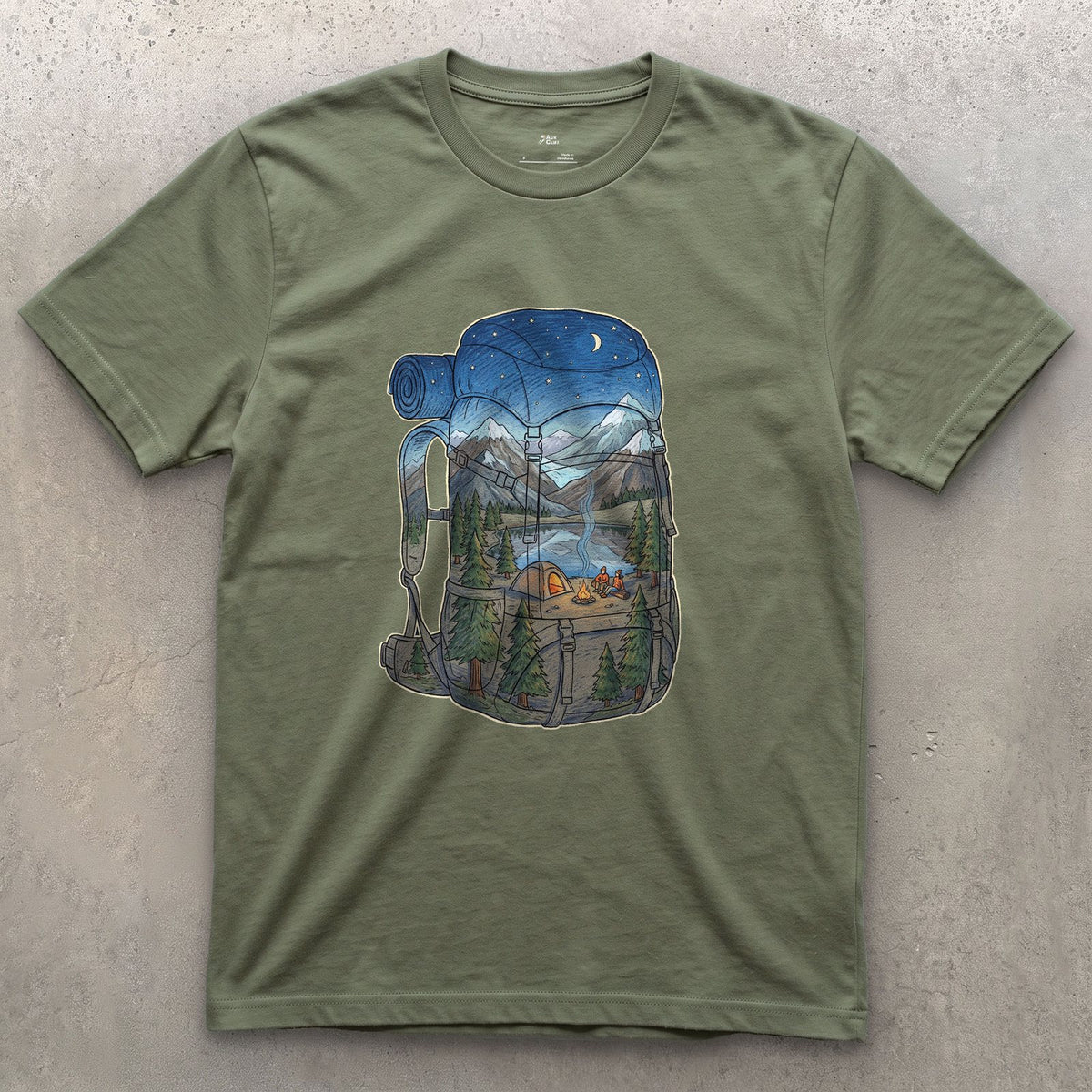 High Camp in the Evening, Rucksack design on a Military Green Gildan Softstyle t-shirt
