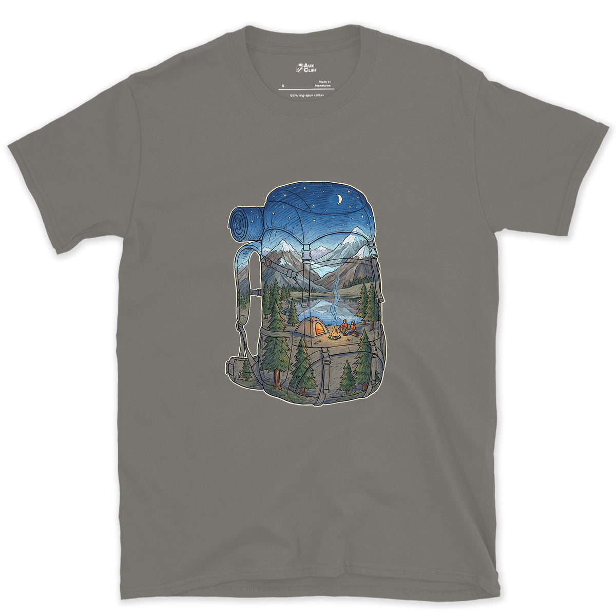 High Camp in the Evening, Rucksack design on a Charcoal Gildan Softstyle t-shirt
