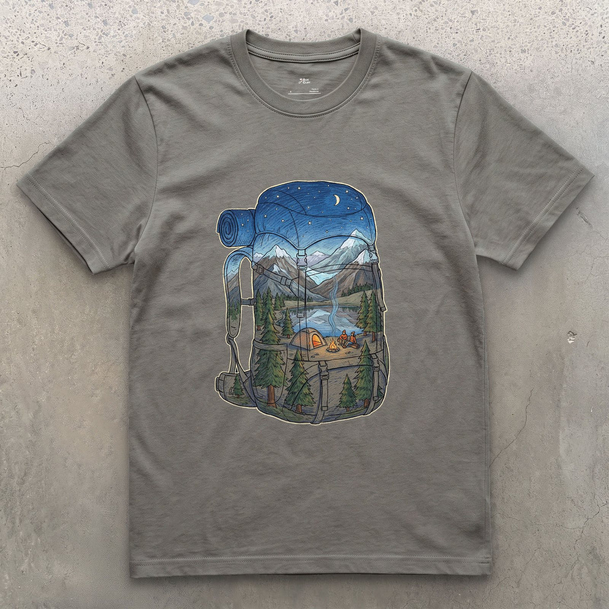 High Camp in the Evening, Rucksack design on a Charcoal Gildan Softstyle t-shirt