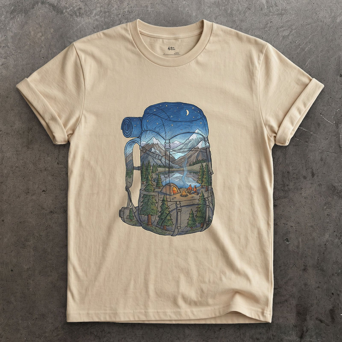 High Camp in the Evening, Rucksack design on a Sand Gildan Softstyle t-shirt