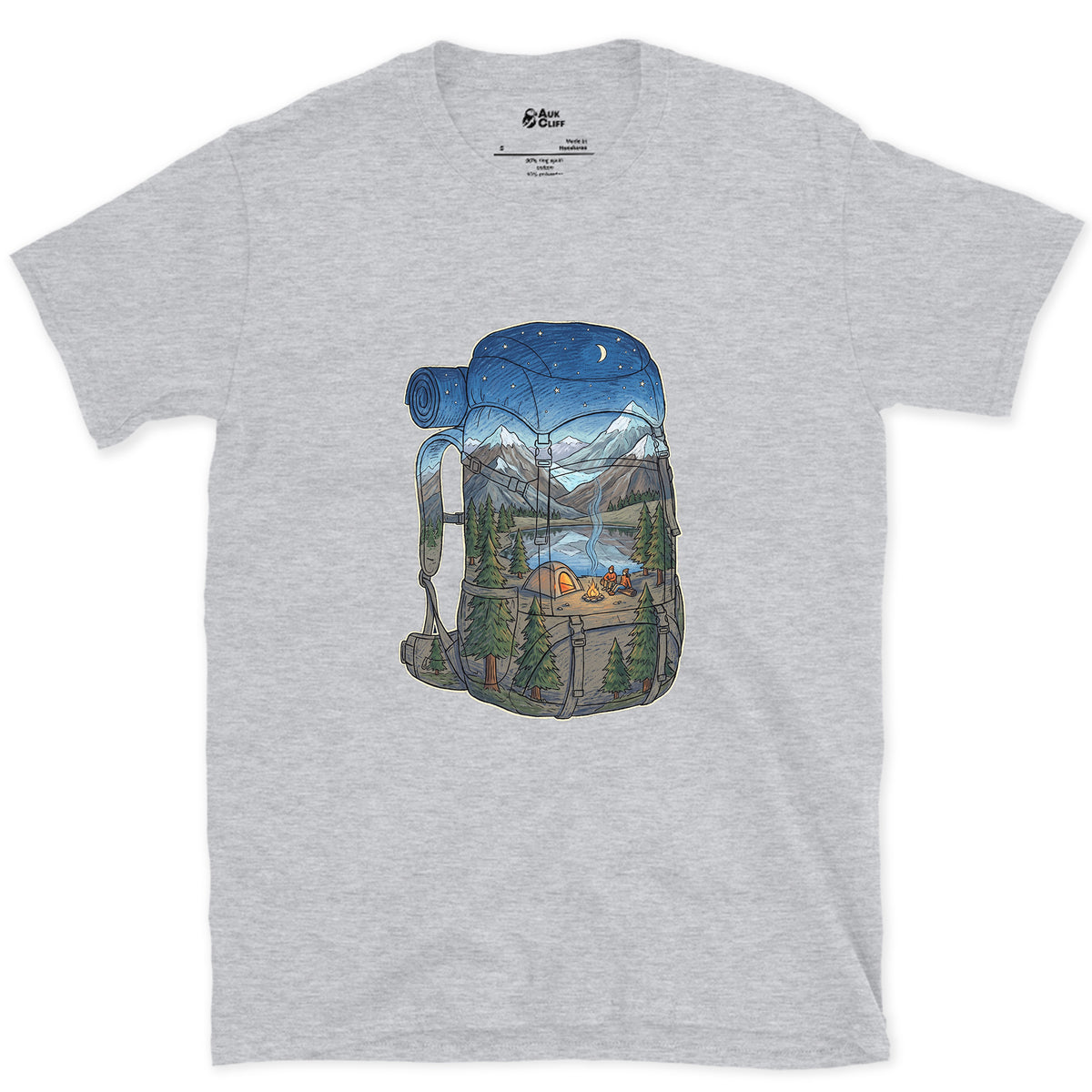 High Camp in the Evening, Rucksack design on a Sport Grey Gildan Softstyle t-shirt