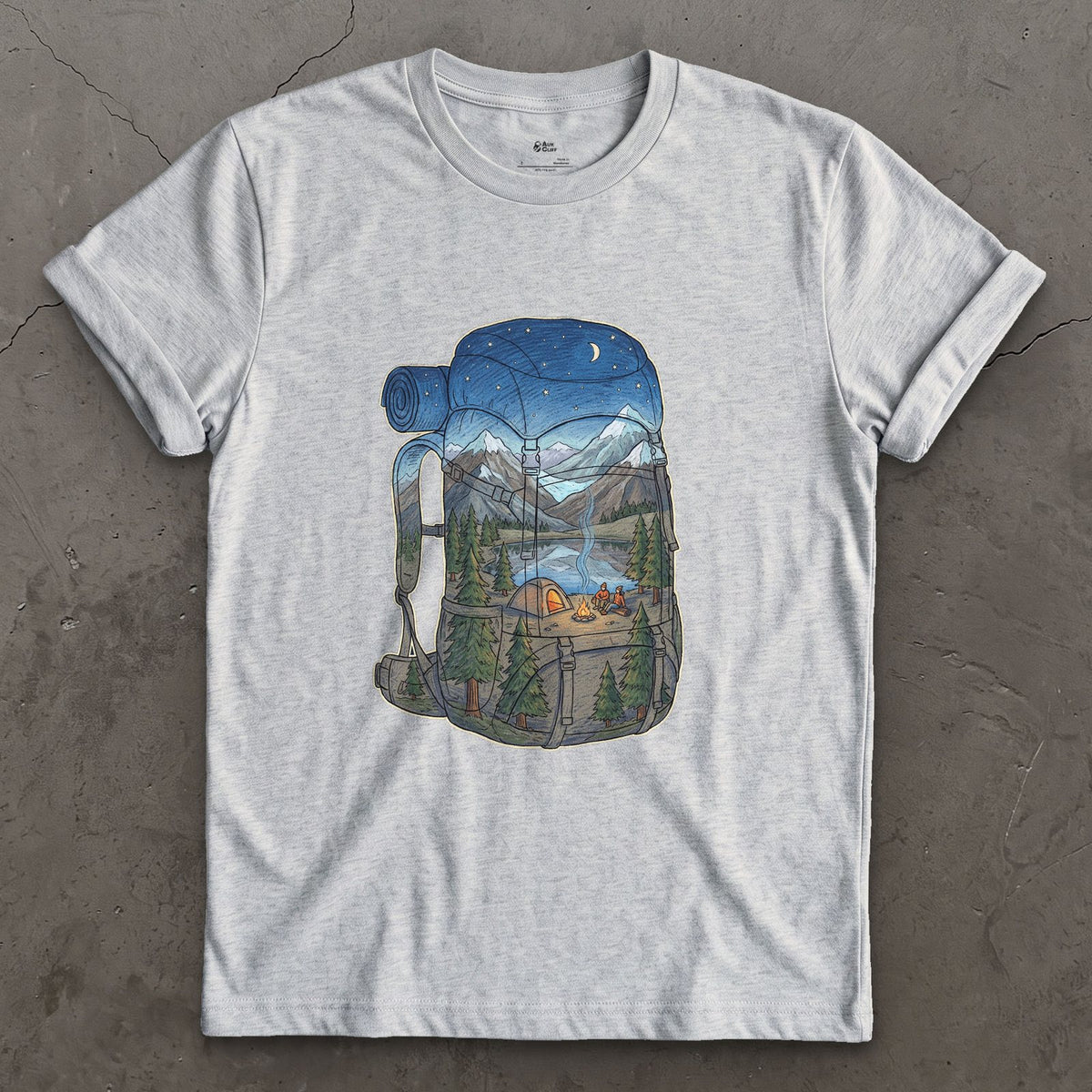 High Camp in the Evening, Rucksack design on a Sport Grey Gildan Softstyle t-shirt
