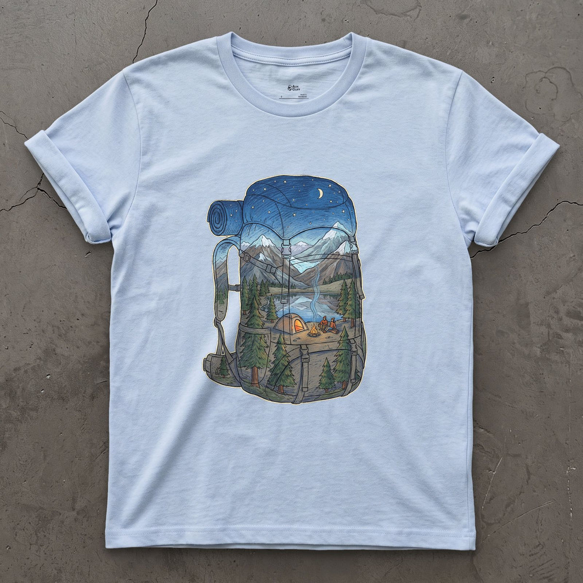 High Camp in the Evening, Rucksack design on a Light Blue Gildan Softstyle t-shirt